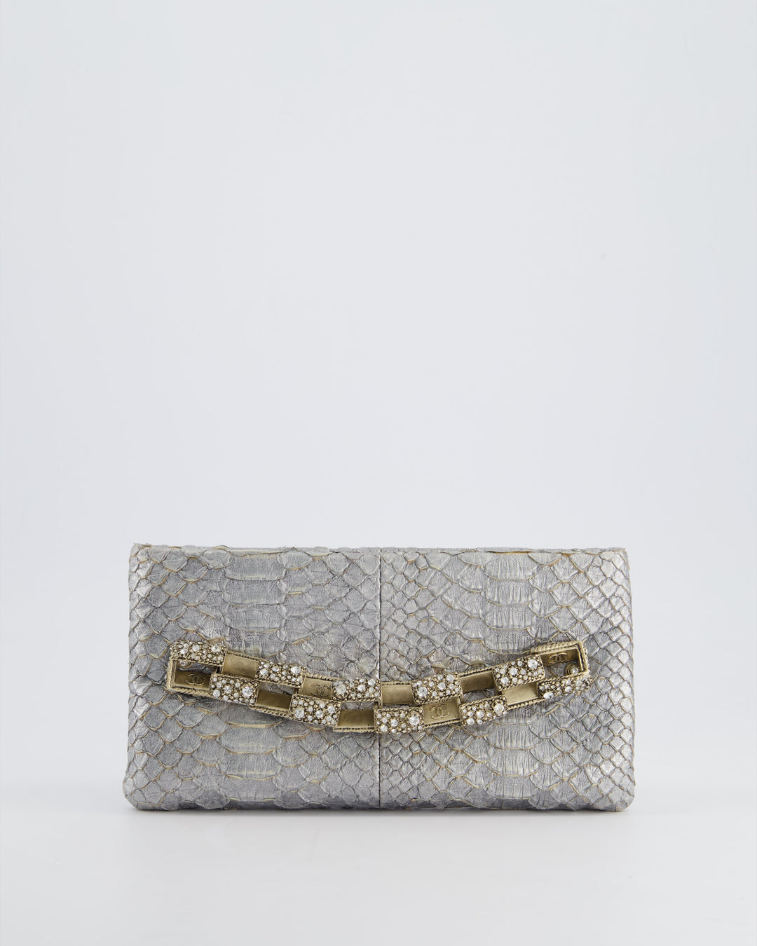 *RARE* Top Quality Chanel Metallic Silver Paris Bombay Clutch in Python Leather and Antique Gold Hardware with Embellished Crystals