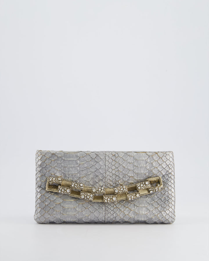 *RARE* Top Quality Chanel Metallic Silver Paris Bombay Clutch in Python Leather and Antique Gold Hardware with Embellished Crystals