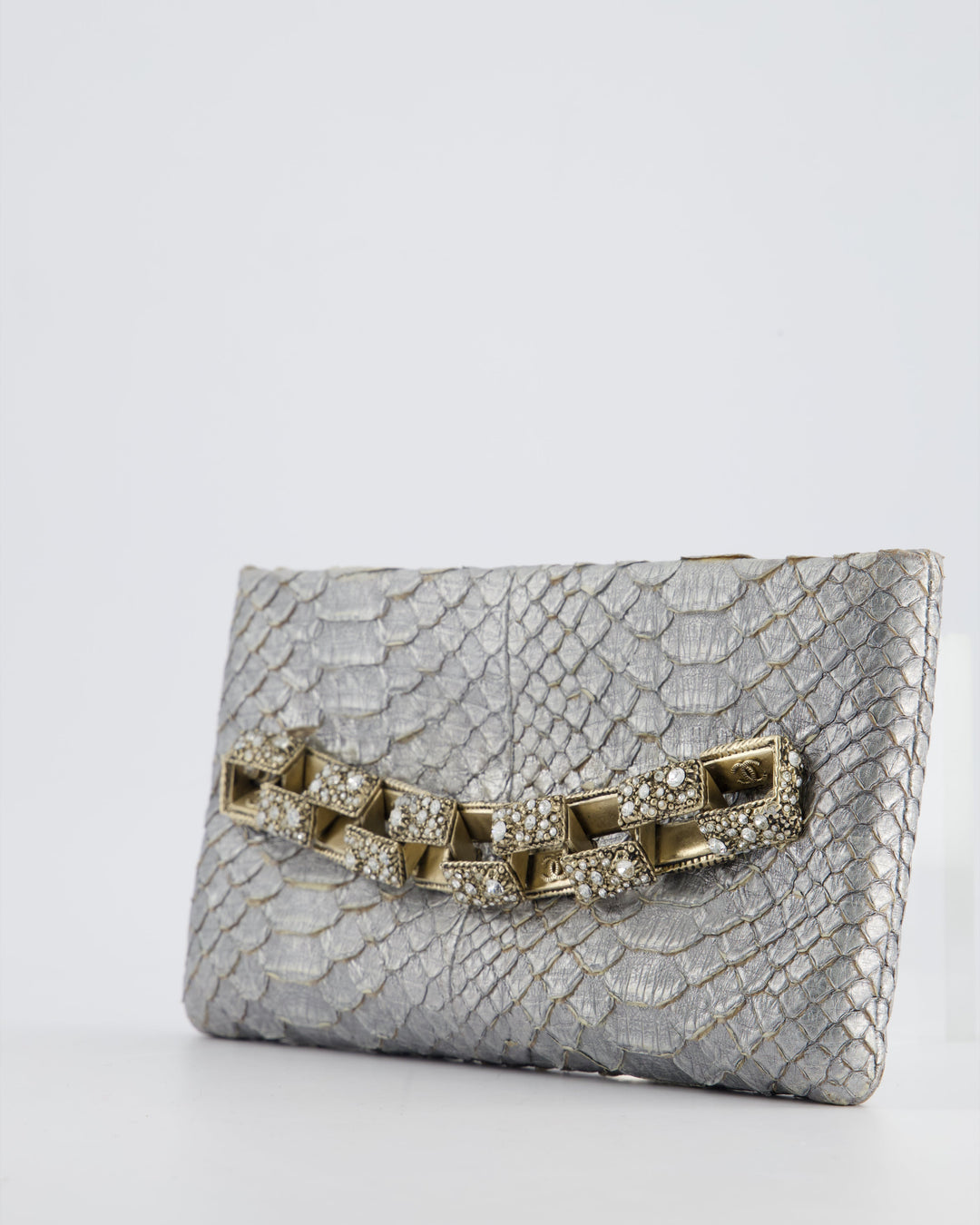 *RARE* Top Quality Chanel Metallic Silver Paris Bombay Clutch in Python Leather and Antique Gold Hardware with Embellished Crystals