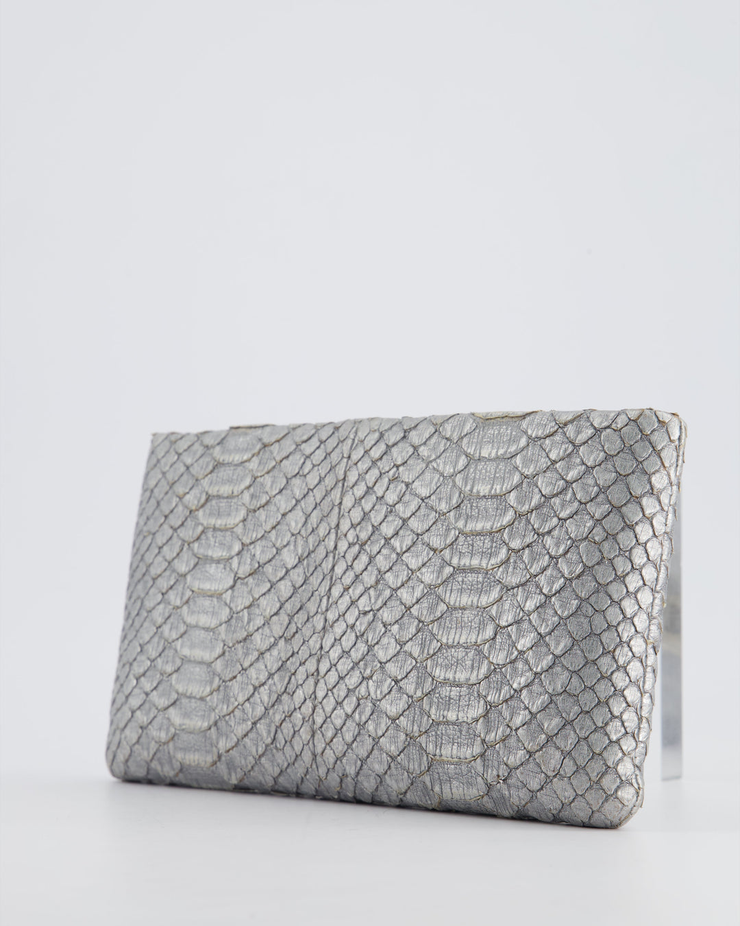 *RARE* Top Quality Chanel Metallic Silver Paris Bombay Clutch in Python Leather and Antique Gold Hardware with Embellished Crystals