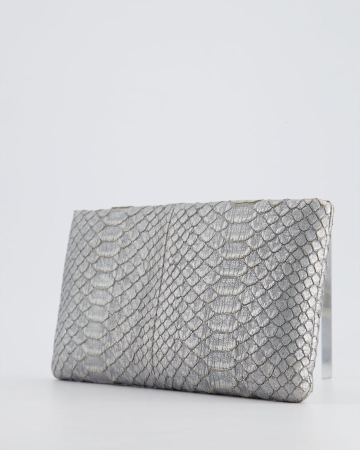*RARE* Top Quality Chanel Metallic Silver Paris Bombay Clutch in Python Leather and Antique Gold Hardware with Embellished Crystals
