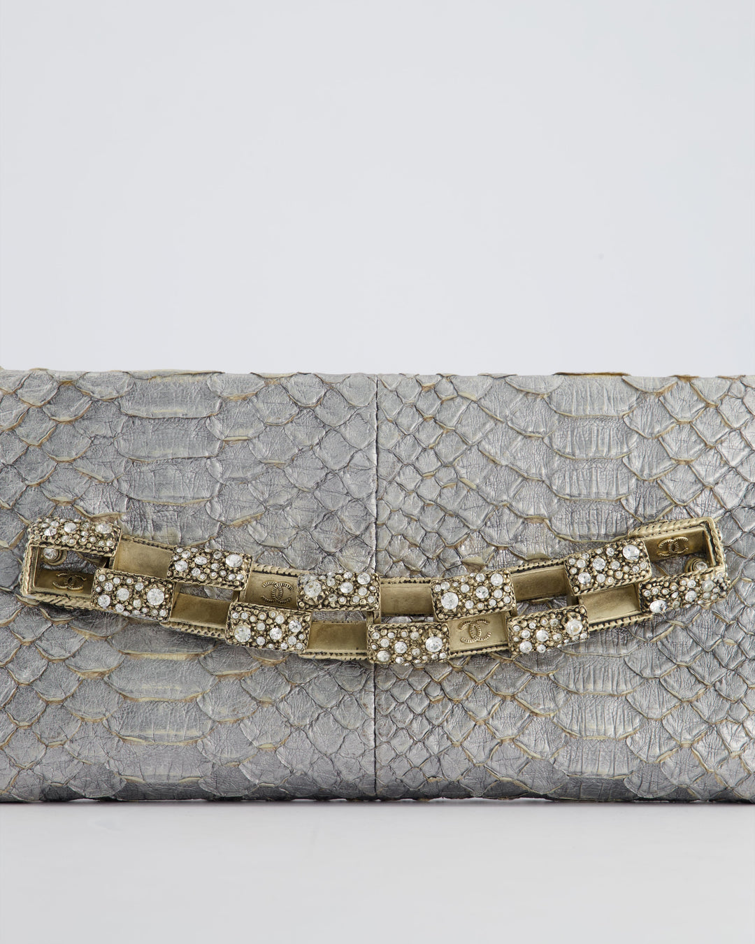 *RARE* Top Quality Chanel Metallic Silver Paris Bombay Clutch in Python Leather and Antique Gold Hardware with Embellished Crystals