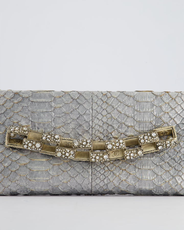 *RARE* Chanel Metallic Silver Paris Bombay Clutch in Python Leather and Antique Gold Hardware with Embellished Crystals
