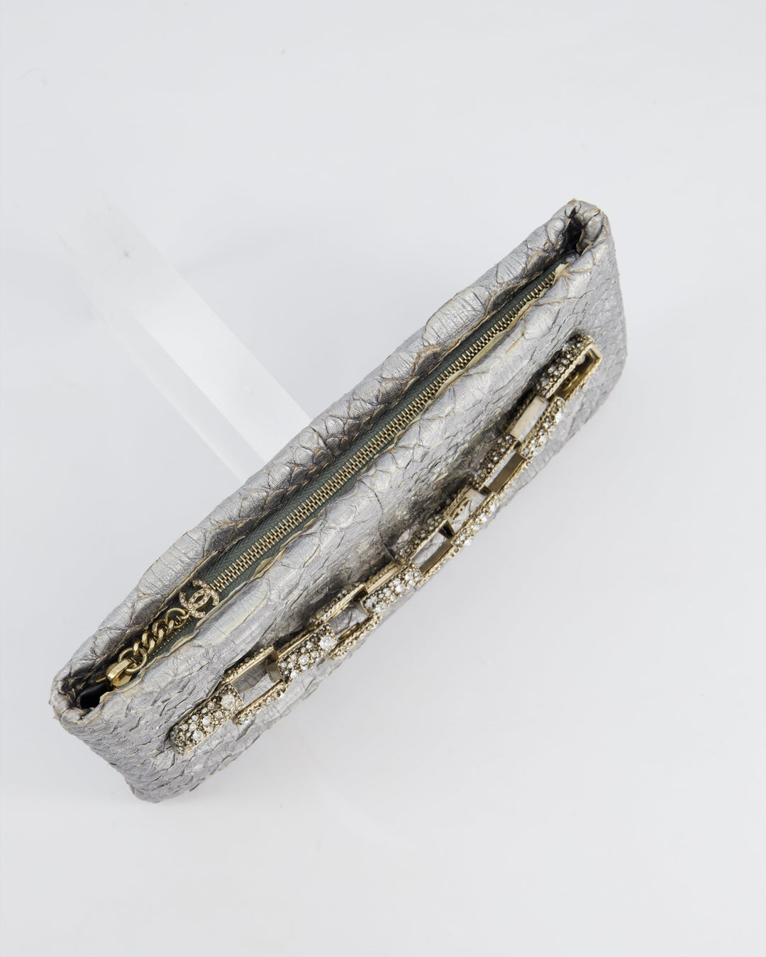 *RARE* Top Quality Chanel Metallic Silver Paris Bombay Clutch in Python Leather and Antique Gold Hardware with Embellished Crystals