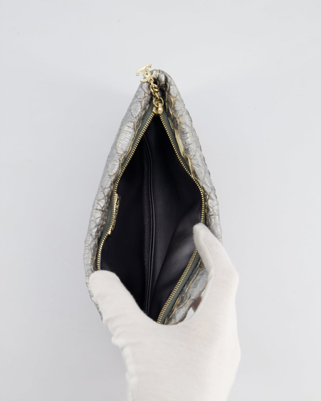 *RARE* Top Quality Chanel Metallic Silver Paris Bombay Clutch in Python Leather and Antique Gold Hardware with Embellished Crystals