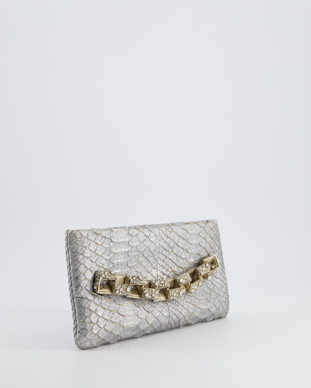 *RARE* Top Quality Chanel Metallic Silver Paris Bombay Clutch in Python Leather and Antique Gold Hardware with Embellished Crystals