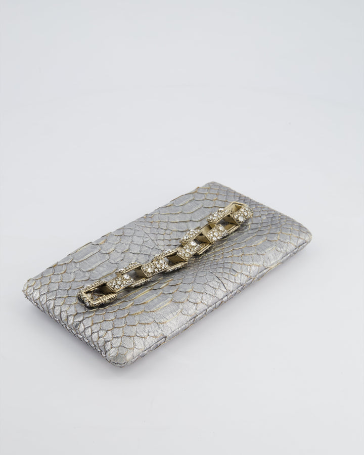 *RARE* Top Quality Chanel Metallic Silver Paris Bombay Clutch in Python Leather and Antique Gold Hardware with Embellished Crystals