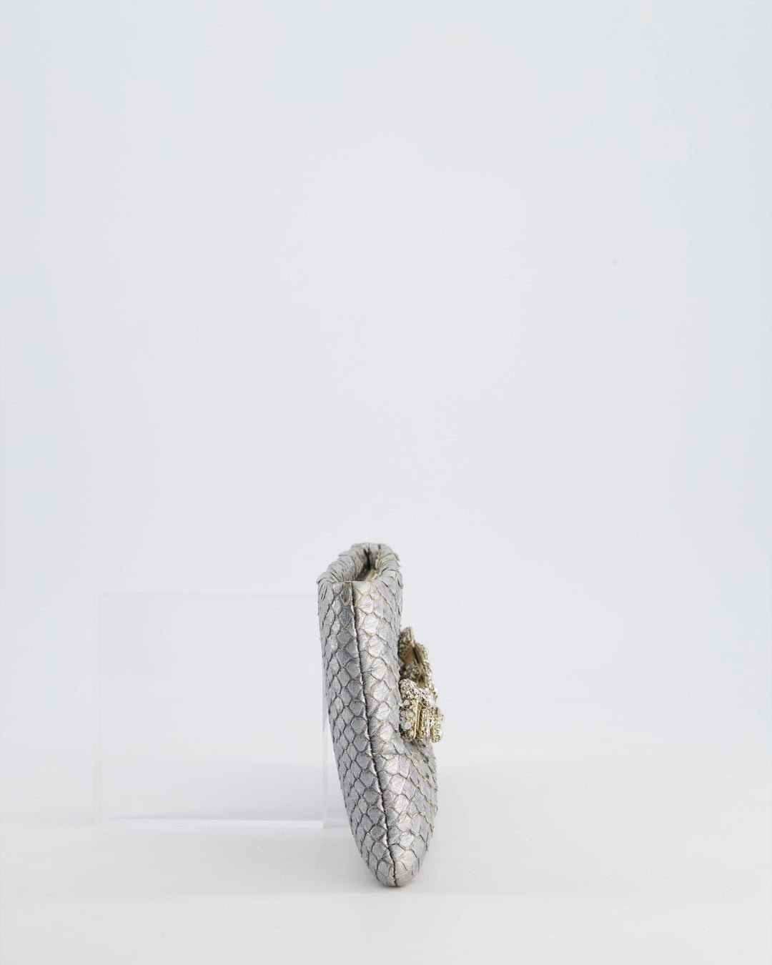 *RARE* Top Quality Chanel Metallic Silver Paris Bombay Clutch in Python Leather and Antique Gold Hardware with Embellished Crystals