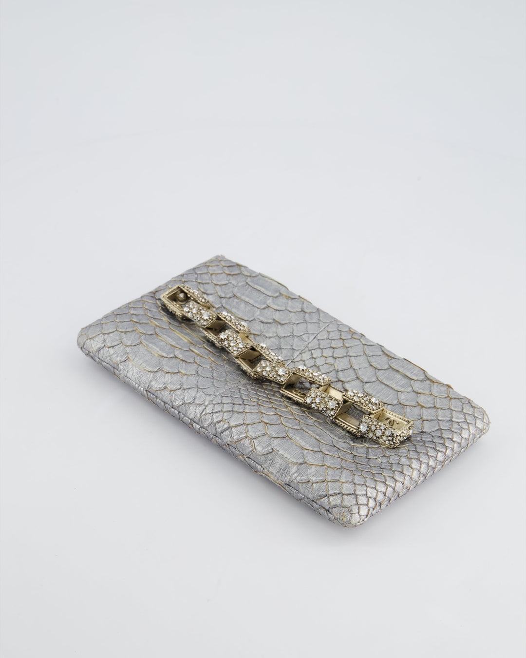 *RARE* Top Quality Chanel Metallic Silver Paris Bombay Clutch in Python Leather and Antique Gold Hardware with Embellished Crystals