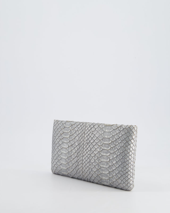 *RARE* Top Quality Chanel Metallic Silver Paris Bombay Clutch in Python Leather and Antique Gold Hardware with Embellished Crystals