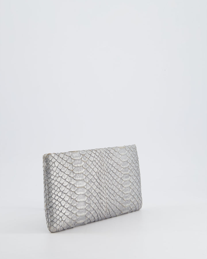 *RARE* Chanel Metallic Silver Paris Bombay Clutch in Python Leather and Antique Gold Hardware with Embellished Crystals
