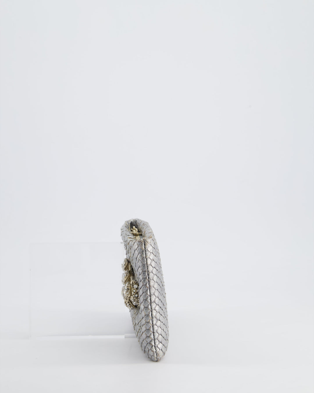 *RARE* Top Quality Chanel Metallic Silver Paris Bombay Clutch in Python Leather and Antique Gold Hardware with Embellished Crystals