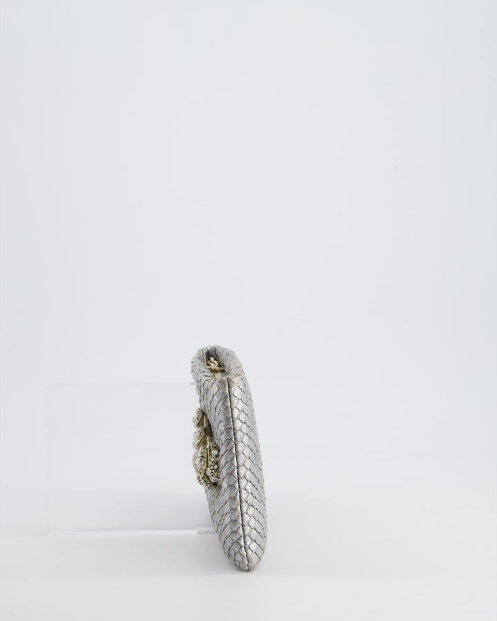 *RARE* Top Quality Chanel Metallic Silver Paris Bombay Clutch in Python Leather and Antique Gold Hardware with Embellished Crystals