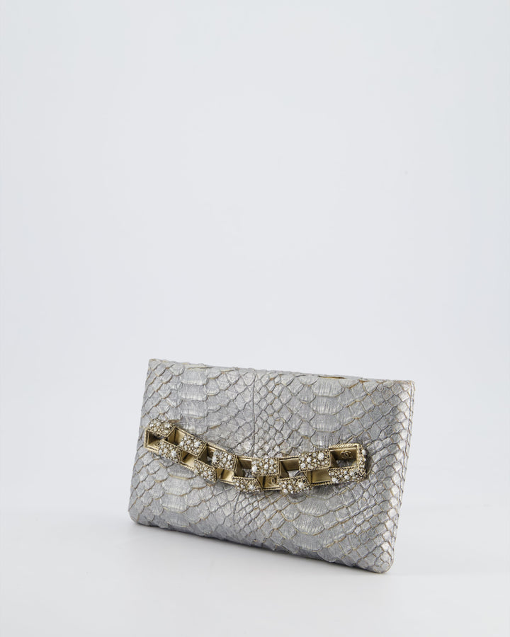 *RARE* Top Quality Chanel Metallic Silver Paris Bombay Clutch in Python Leather and Antique Gold Hardware with Embellished Crystals