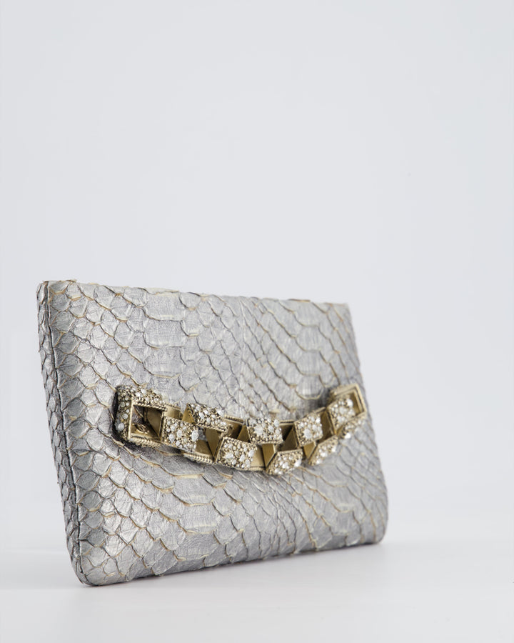 *RARE* Top Quality Chanel Metallic Silver Paris Bombay Clutch in Python Leather and Antique Gold Hardware with Embellished Crystals