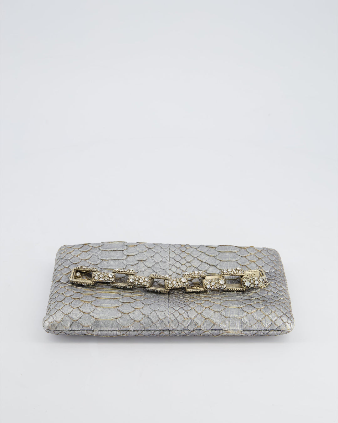 *RARE* Top Quality Chanel Metallic Silver Paris Bombay Clutch in Python Leather and Antique Gold Hardware with Embellished Crystals