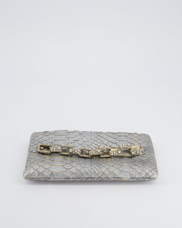 *RARE* Top Quality Chanel Metallic Silver Paris Bombay Clutch in Python Leather and Antique Gold Hardware with Embellished Crystals