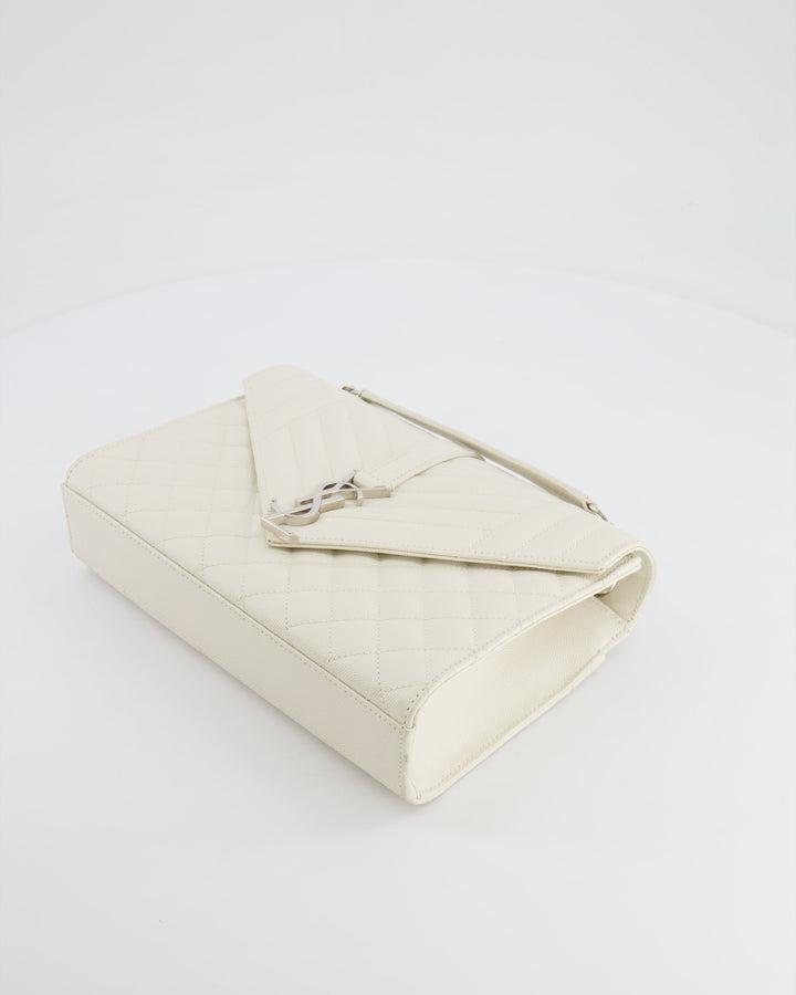 Saint Laurent Chalk White Medium Envelope Bag in Grained Leather with Silver YSL Logo RRP £2,235