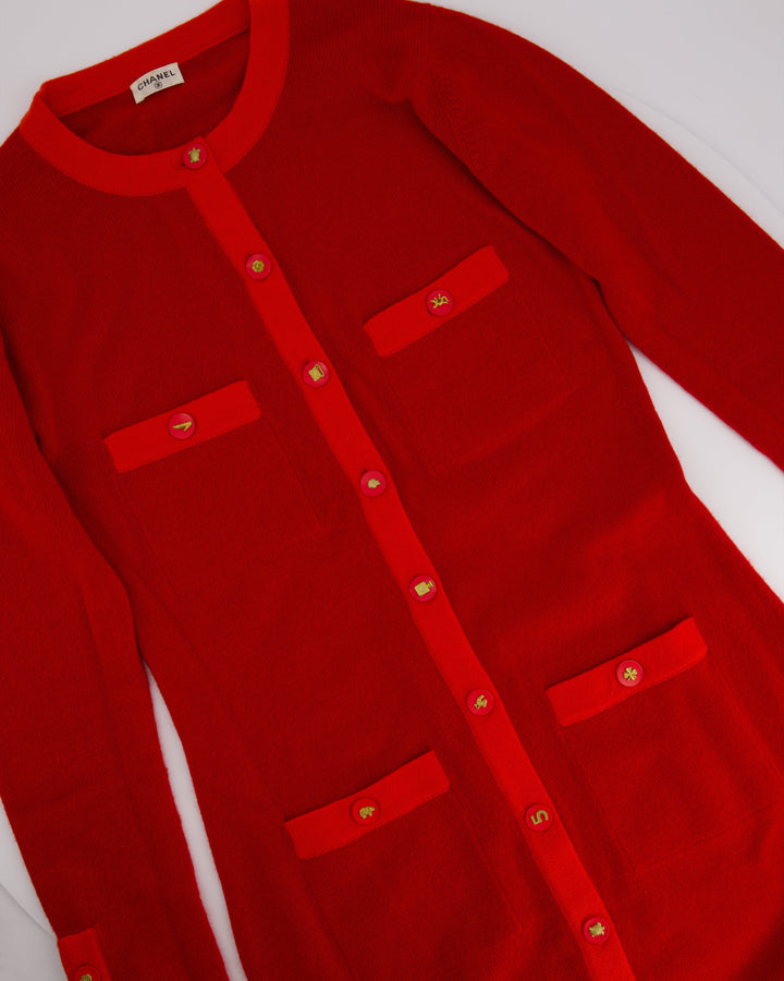 *HOT* Chanel Red Long Sleeve Knit Mini Dress with Multi Icon Logo Button Details FR 38 (UK 10)