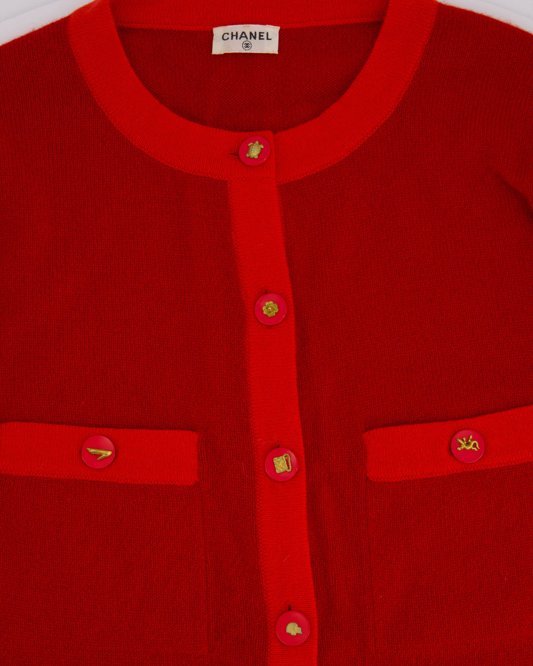 *HOT* Top Quality Chanel Red Long Sleeve Knit Mini Dress with Multi Icon Logo Button Details FR 38 (UK 10)