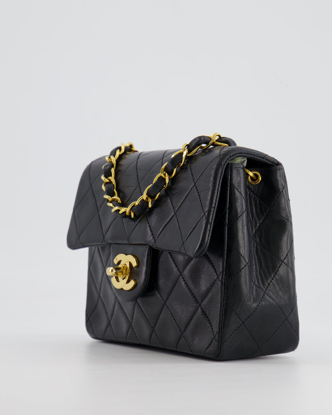 Top Quality Chanel Vintage Black Mini Square Single Flap Bag in Lambskin Leather with 24K Gold Hardware