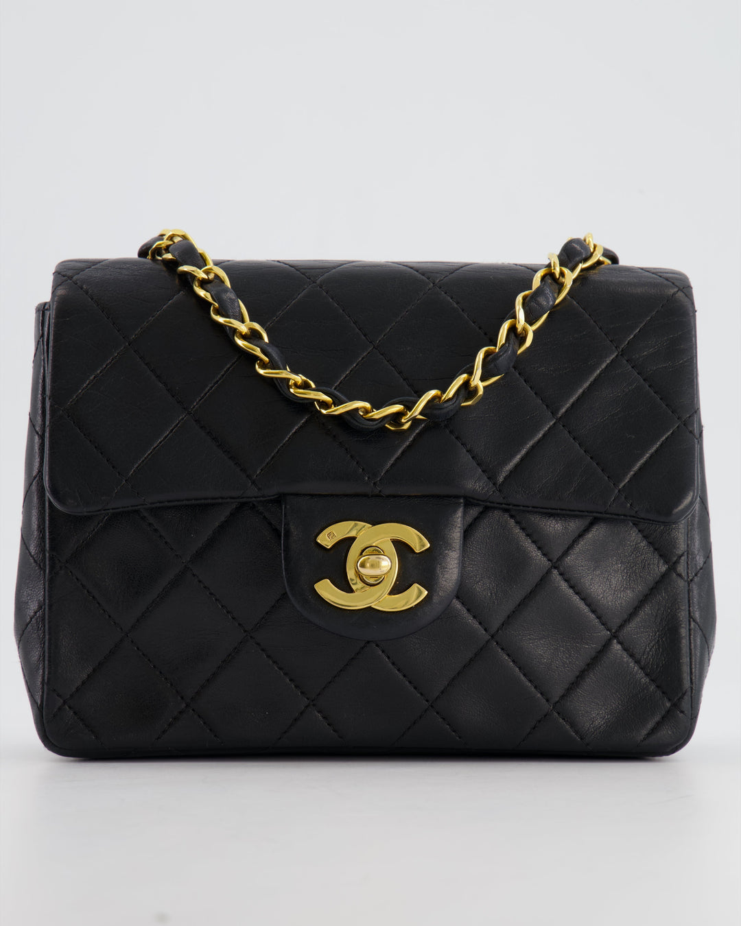 Top Quality Chanel Vintage Black Mini Square Single Flap Bag in Lambskin Leather with 24K Gold Hardware