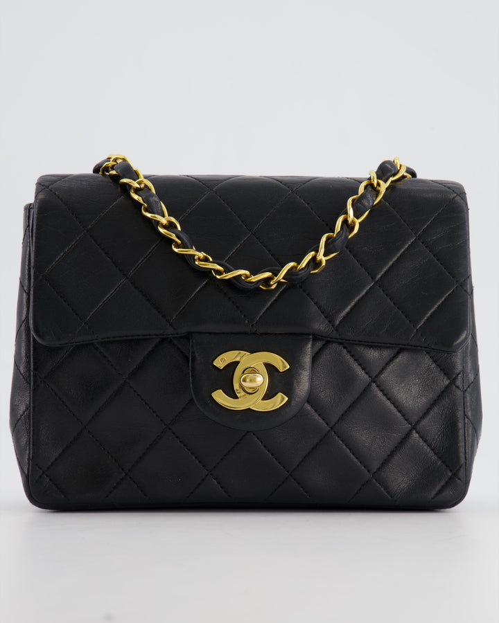 Top Quality Chanel Vintage Black Mini Square Single Flap Bag in Lambskin Leather with 24K Gold Hardware