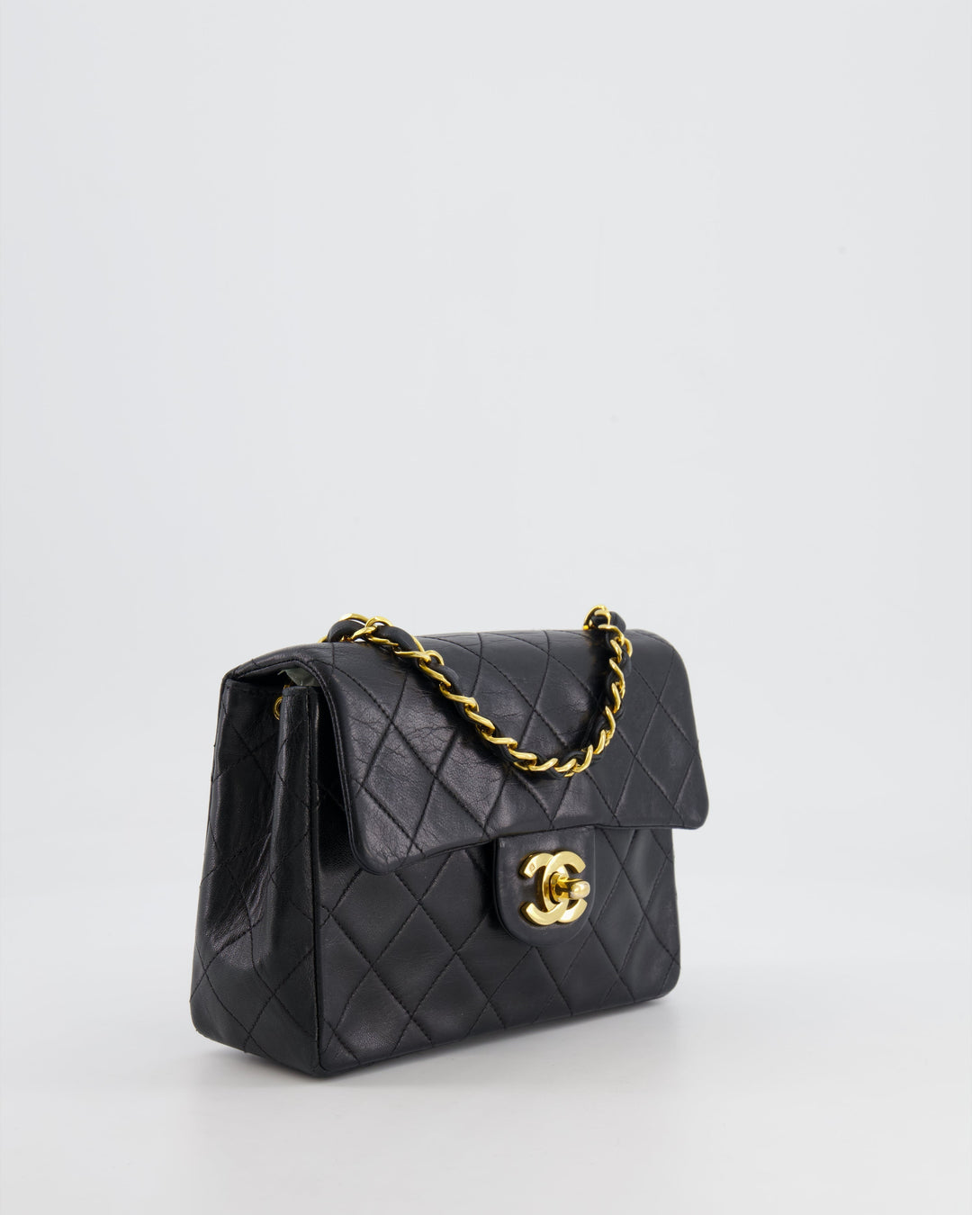 Top Quality Chanel Vintage Black Mini Square Single Flap Bag in Lambskin Leather with 24K Gold Hardware