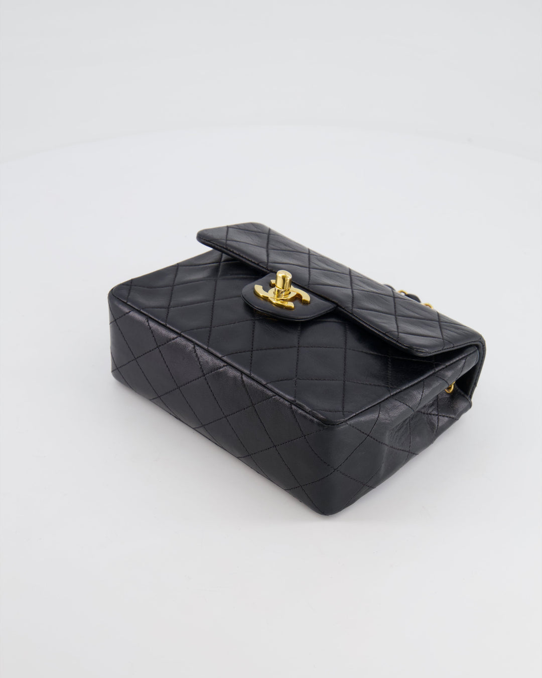 Top Quality Chanel Vintage Black Mini Square Single Flap Bag in Lambskin Leather with 24K Gold Hardware