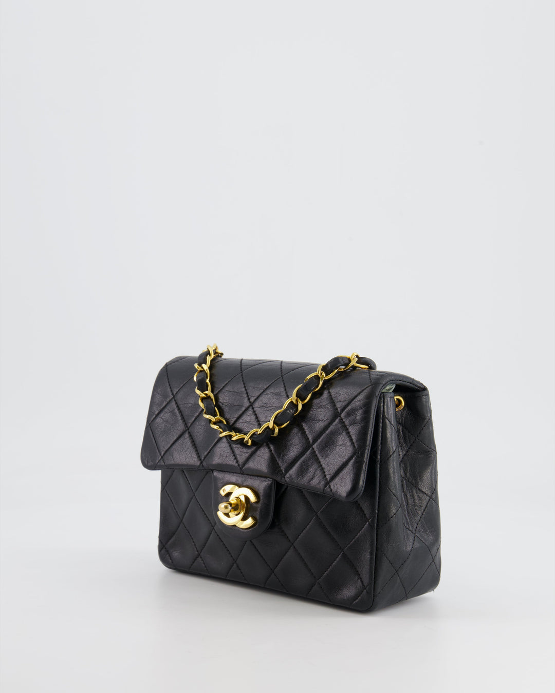 Top Quality Chanel Vintage Black Mini Square Single Flap Bag in Lambskin Leather with 24K Gold Hardware