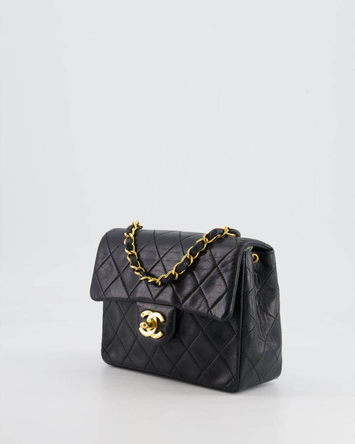 Top Quality Chanel Vintage Black Mini Square Single Flap Bag in Lambskin Leather with 24K Gold Hardware
