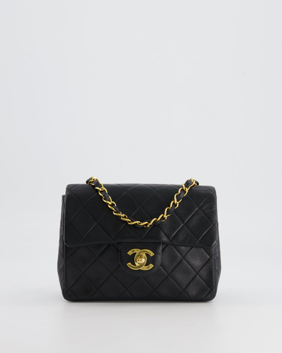 Top Quality Chanel Vintage Black Mini Square Single Flap Bag in Lambskin Leather with 24K Gold Hardware