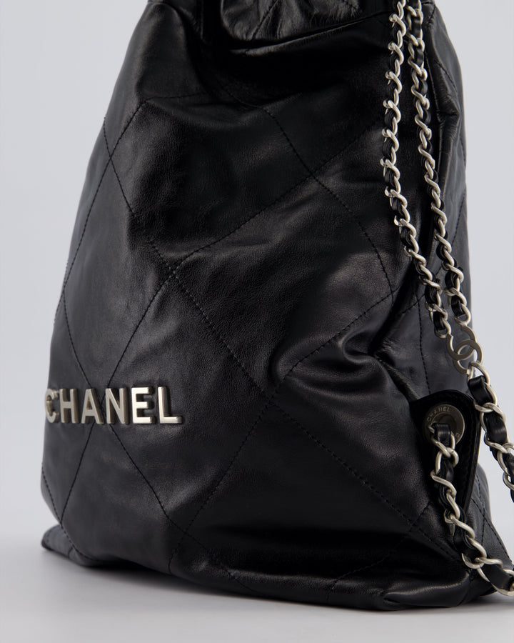 *FIRE PRICE* Top Quality Chanel 22 Small Backpack Bag in Black Shiny Calfskin with Brushed Silver Hardware