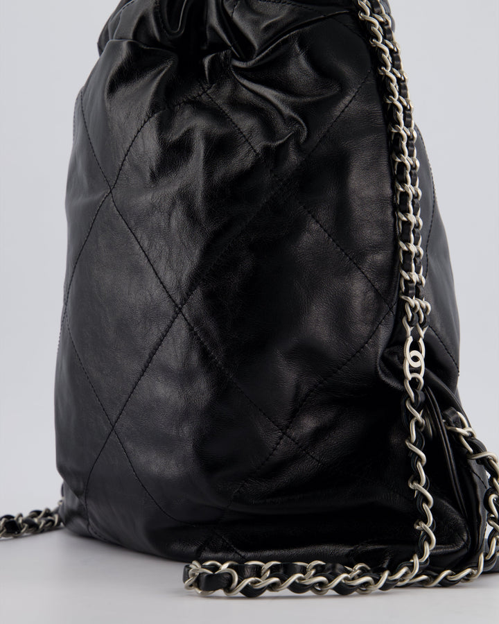 *FIRE PRICE* Top Quality Chanel 22 Small Backpack Bag in Black Shiny Calfskin with Brushed Silver Hardware