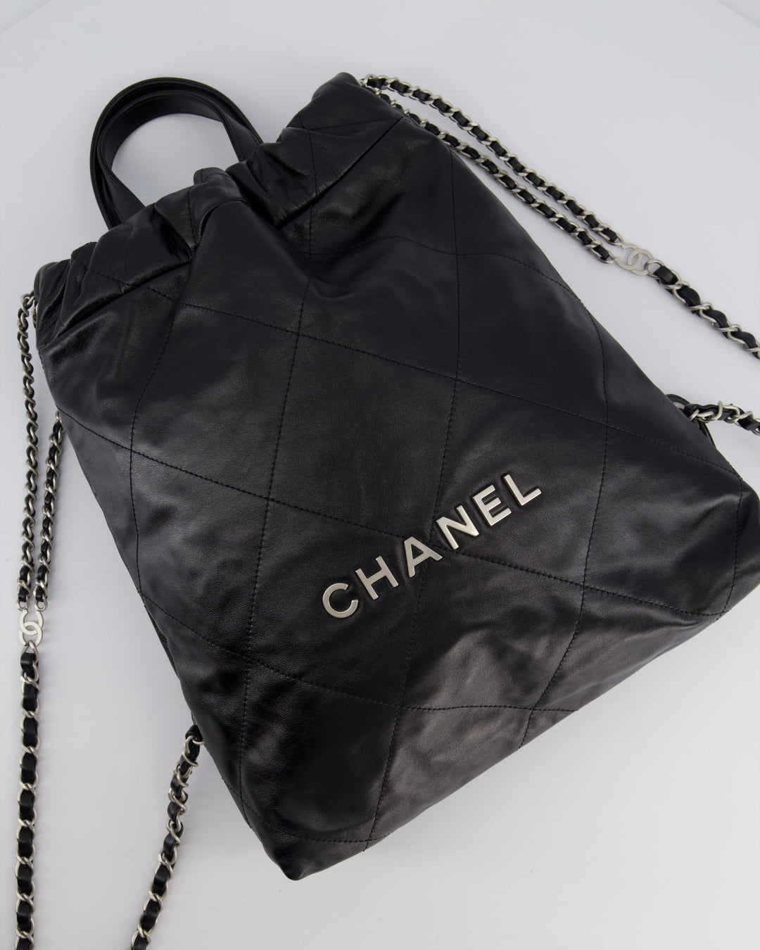 *FIRE PRICE* Top Quality Chanel 22 Small Backpack Bag in Black Shiny Calfskin with Brushed Silver Hardware