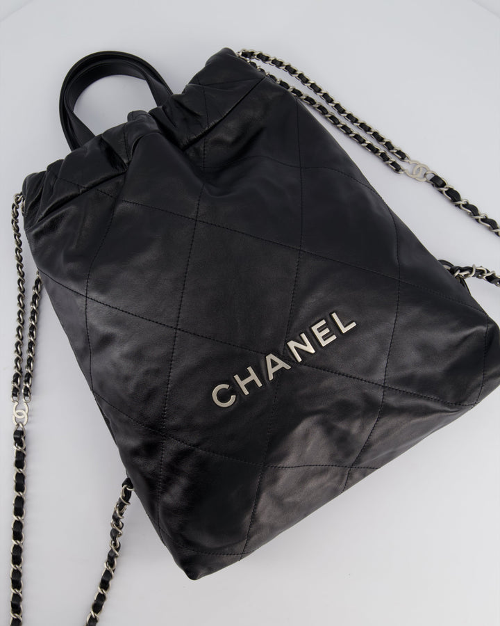 *FIRE PRICE* Top Quality Chanel 22 Small Backpack Bag in Black Shiny Calfskin with Brushed Silver Hardware