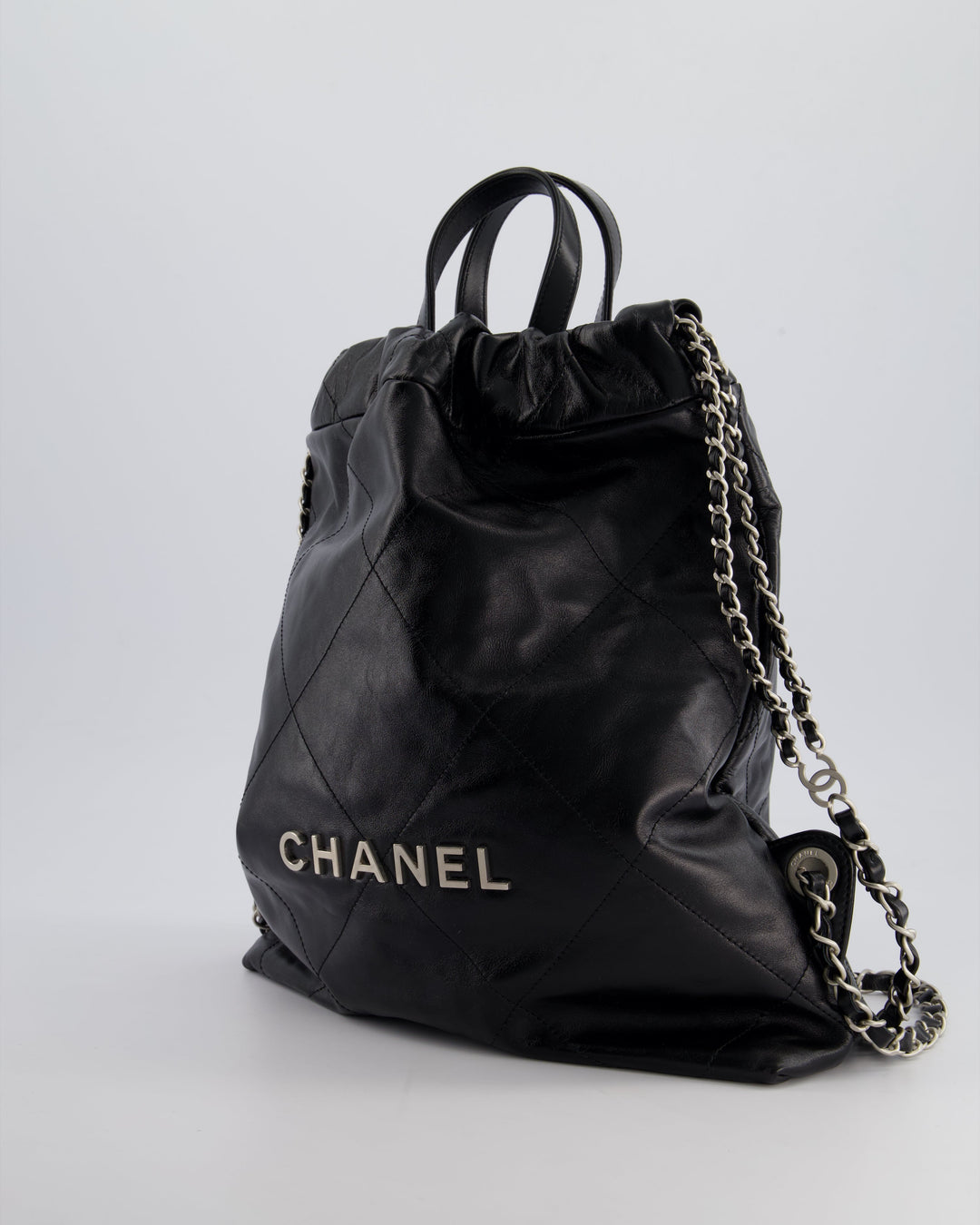 *FIRE PRICE* Top Quality Chanel 22 Small Backpack Bag in Black Shiny Calfskin with Brushed Silver Hardware
