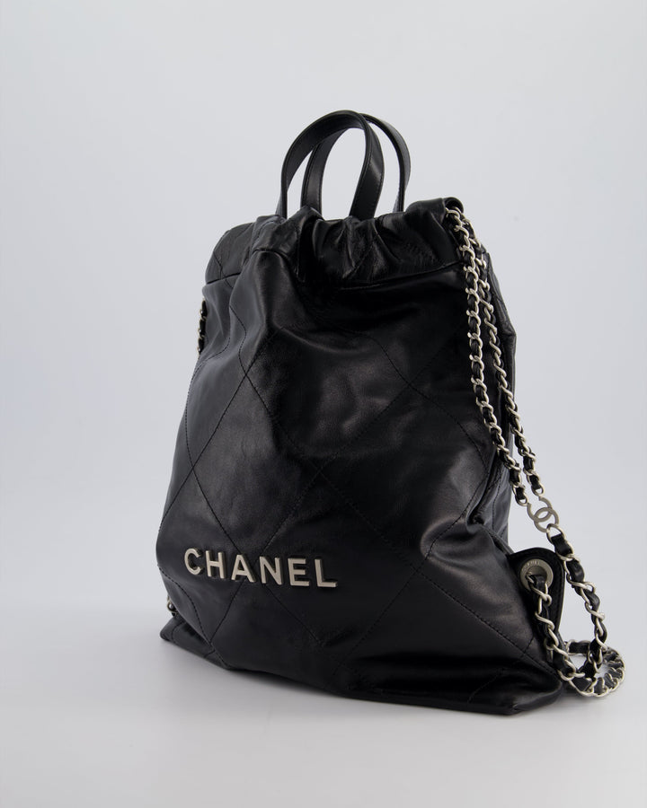 *FIRE PRICE* Top Quality Chanel 22 Small Backpack Bag in Black Shiny Calfskin with Brushed Silver Hardware