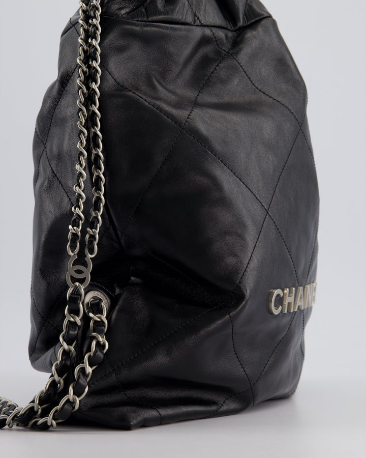*FIRE PRICE* Chanel 22 Small Backpack Bag in Black Shiny Calfskin with Brushed Silver Hardware