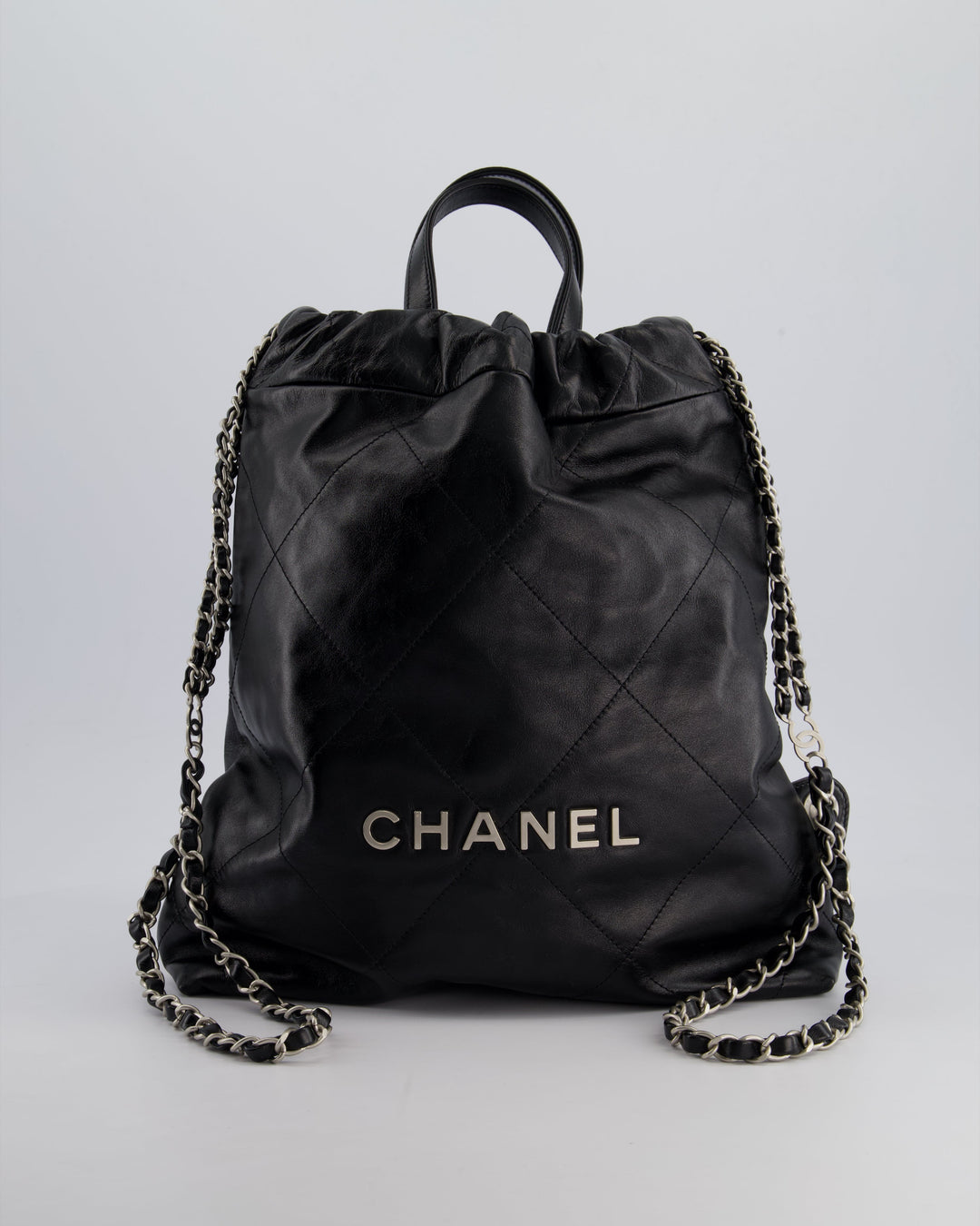 *FIRE PRICE* Top Quality Chanel 22 Small Backpack Bag in Black Shiny Calfskin with Brushed Silver Hardware
