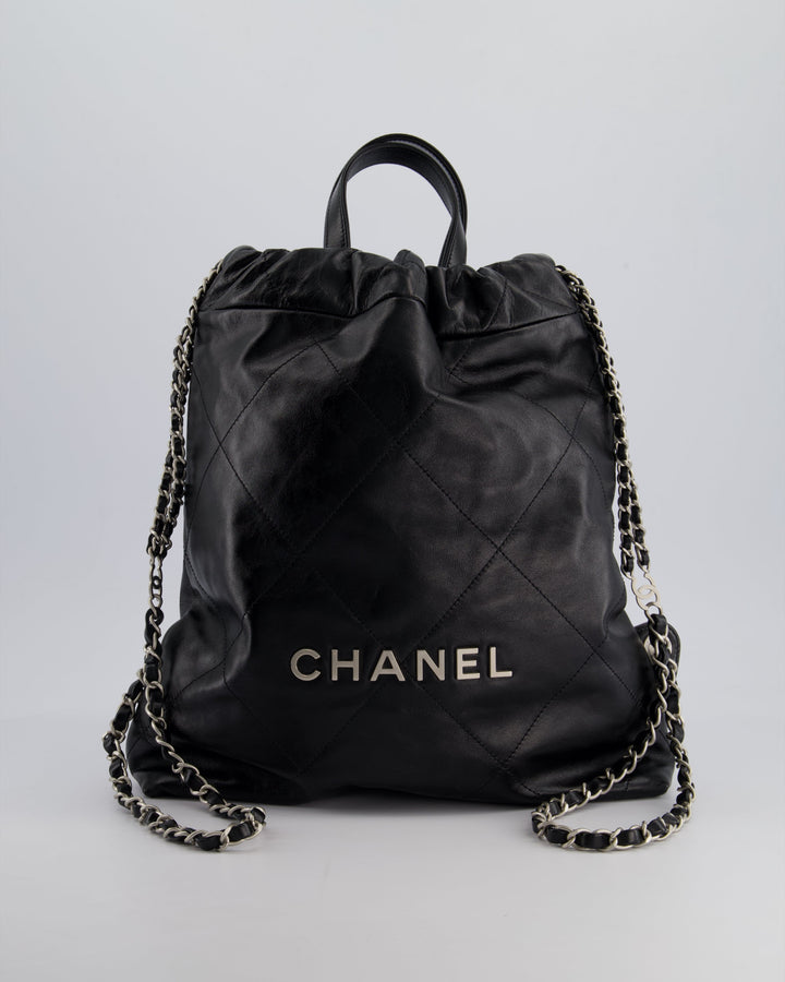 *FIRE PRICE* Top Quality Chanel 22 Small Backpack Bag in Black Shiny Calfskin with Brushed Silver Hardware
