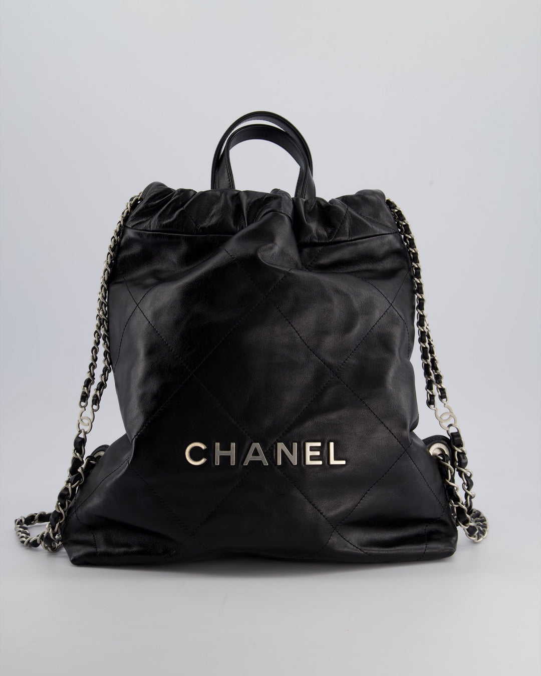 *FIRE PRICE* Top Quality Chanel 22 Small Backpack Bag in Black Shiny Calfskin with Brushed Silver Hardware
