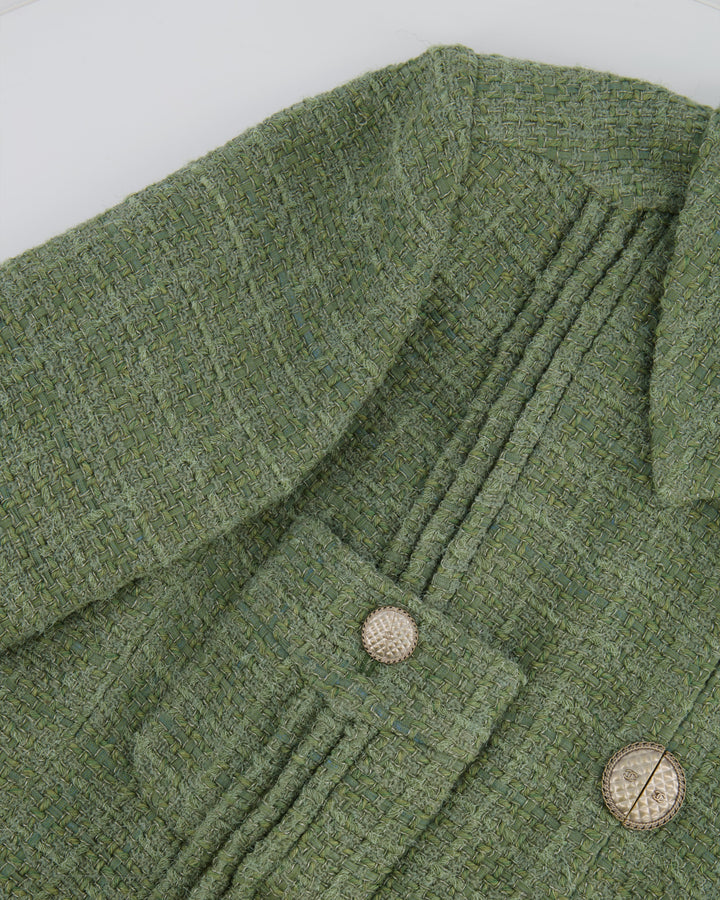 Top Quality Chanel Pistachio Green Tweed Jacket with CC Silver Split Button Detail Size FR 44 (UK 12)