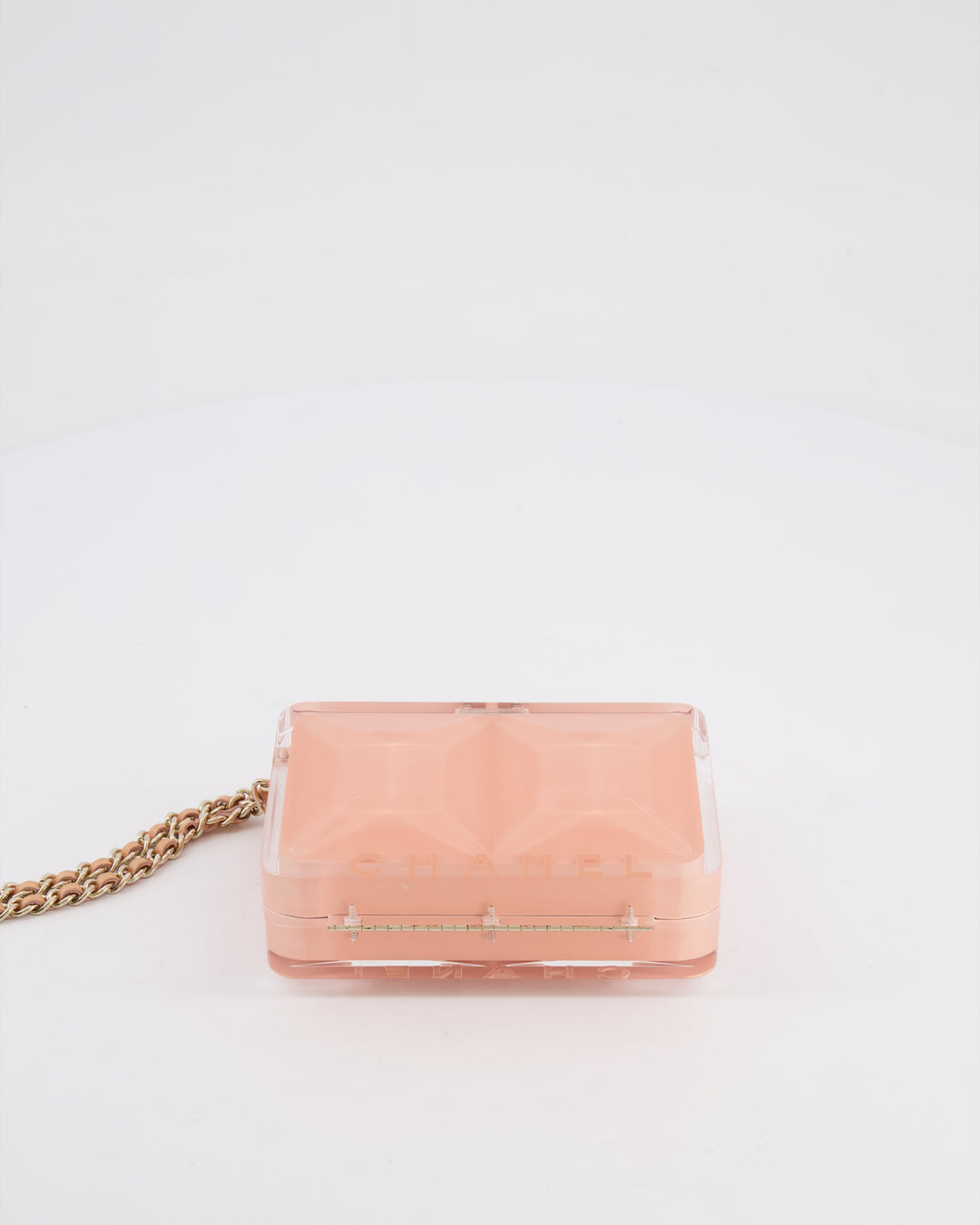*COLLECTOR'S PIECE* Top Quality Chanel Minaudi√®re Pink Plexiglass Clutch Bag With Champagne Hardware and Logo Detail