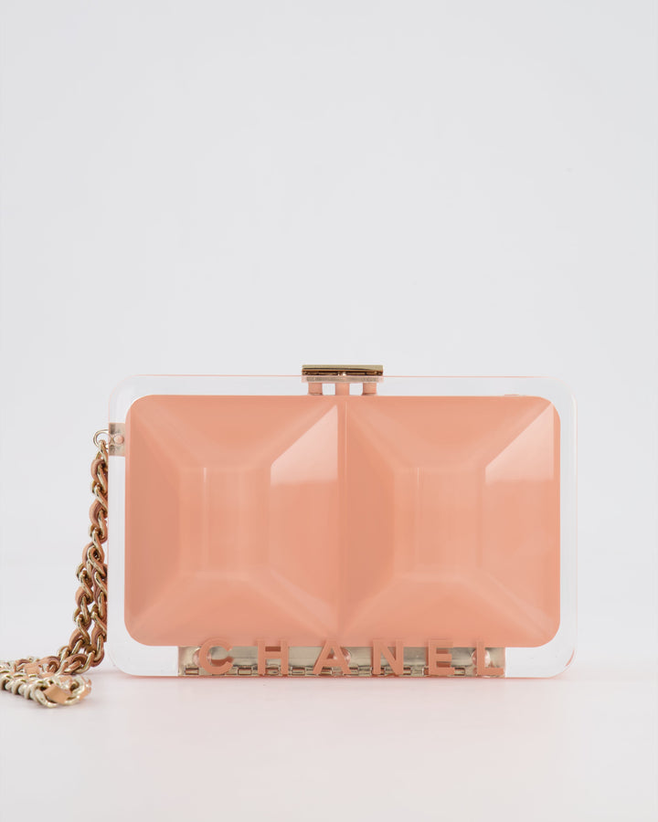 *COLLECTOR'S PIECE* Top Quality Chanel Minaudi√®re Pink Plexiglass Clutch Bag With Champagne Hardware and Logo Detail