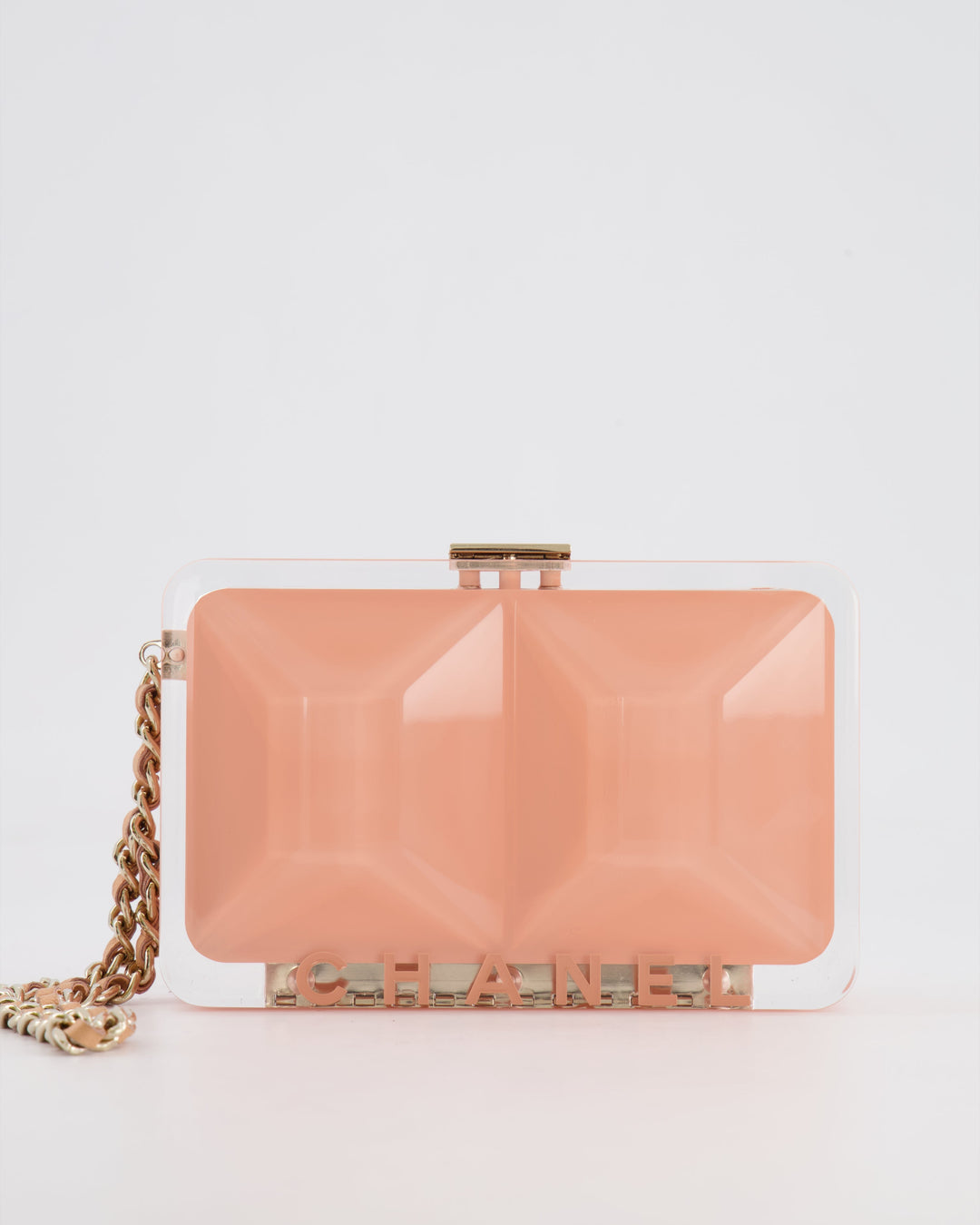 *COLLECTOR'S PIECE* Chanel Minaudi√®re Pink Plexiglass Clutch Bag With Champagne Hardware and Logo Detail