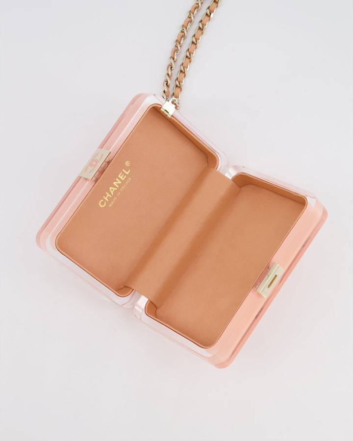 *COLLECTOR'S PIECE* Chanel Minaudi√®re Pink Plexiglass Clutch Bag With Champagne Hardware and Logo Detail