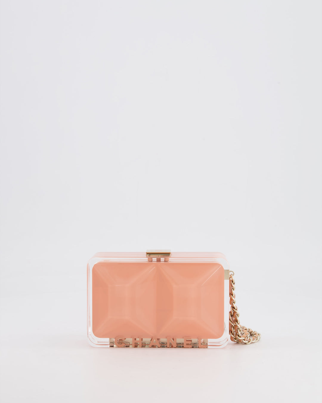 *COLLECTOR'S PIECE* Top Quality Chanel Minaudi√®re Pink Plexiglass Clutch Bag With Champagne Hardware and Logo Detail