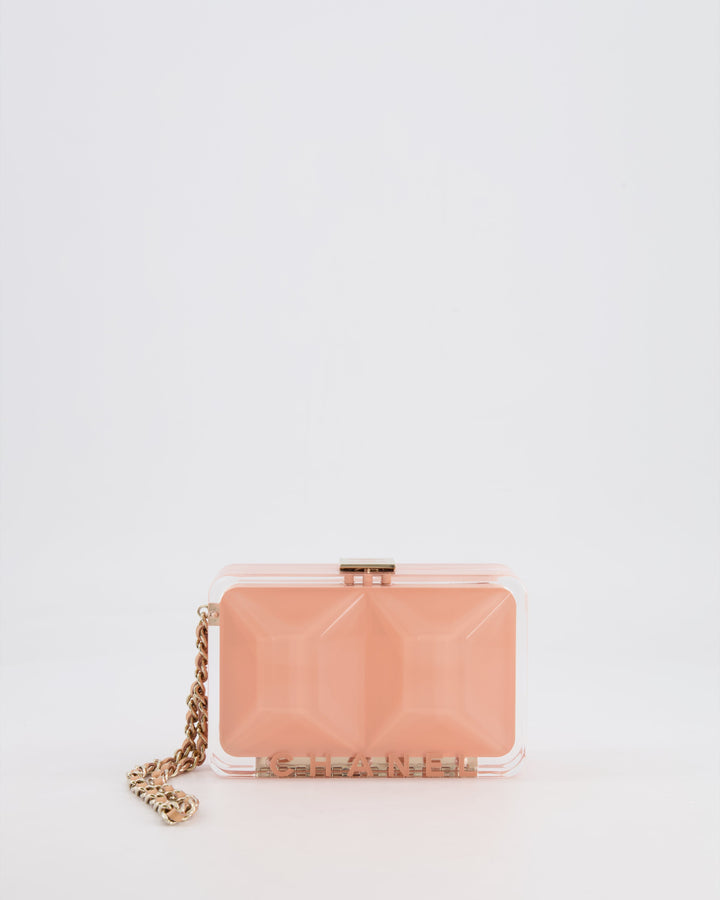 *COLLECTOR'S PIECE* Top Quality Chanel Minaudi√®re Pink Plexiglass Clutch Bag With Champagne Hardware and Logo Detail