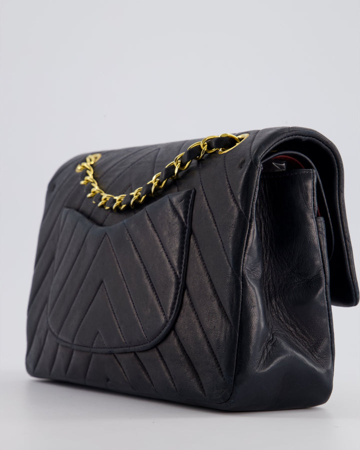 Top Quality Chanel Navy Vintage Classic Medium Chevron Double Flap Bag in Lambskin Leather with 24K Gold Hardware